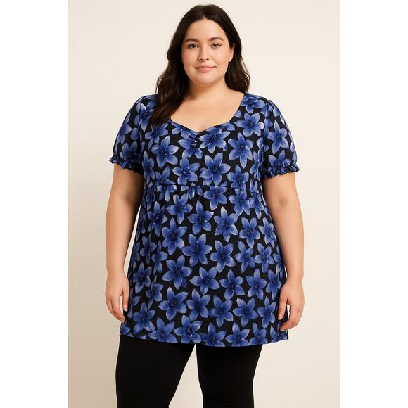 Roaman’s Plus Size Purple Floral Sweetheart Neckline Tunic Top - XL/1X - Picture 1 of 11
